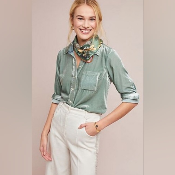 Anthropologie Tops - Anthropologie Sage Green Button-Up Velvet Shirt